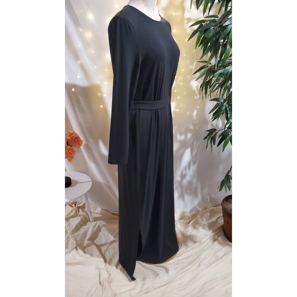 Garnet Hill Linden Knit Column Maxi Slit Dress Womens Size M Black Tie Waist Eco - Picture 6 of 11